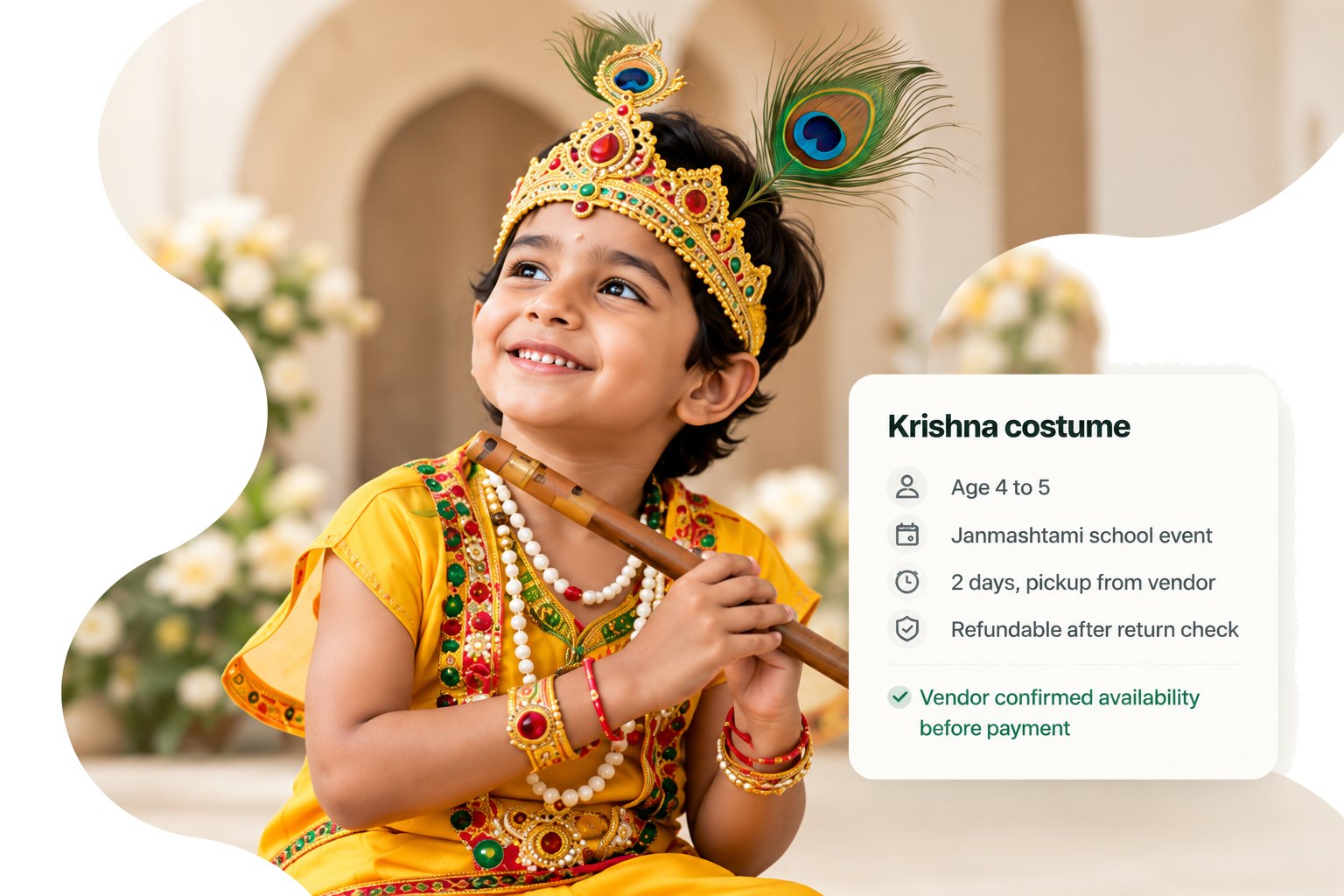A smiling boy in a yellow Krishna costume with a peacock-feather crown and flute. Example booking: age 4 to 5, Janmashtami school event, 2 days, pickup from vendor, deposit refundable after return check, vendor confirmed availability before payment